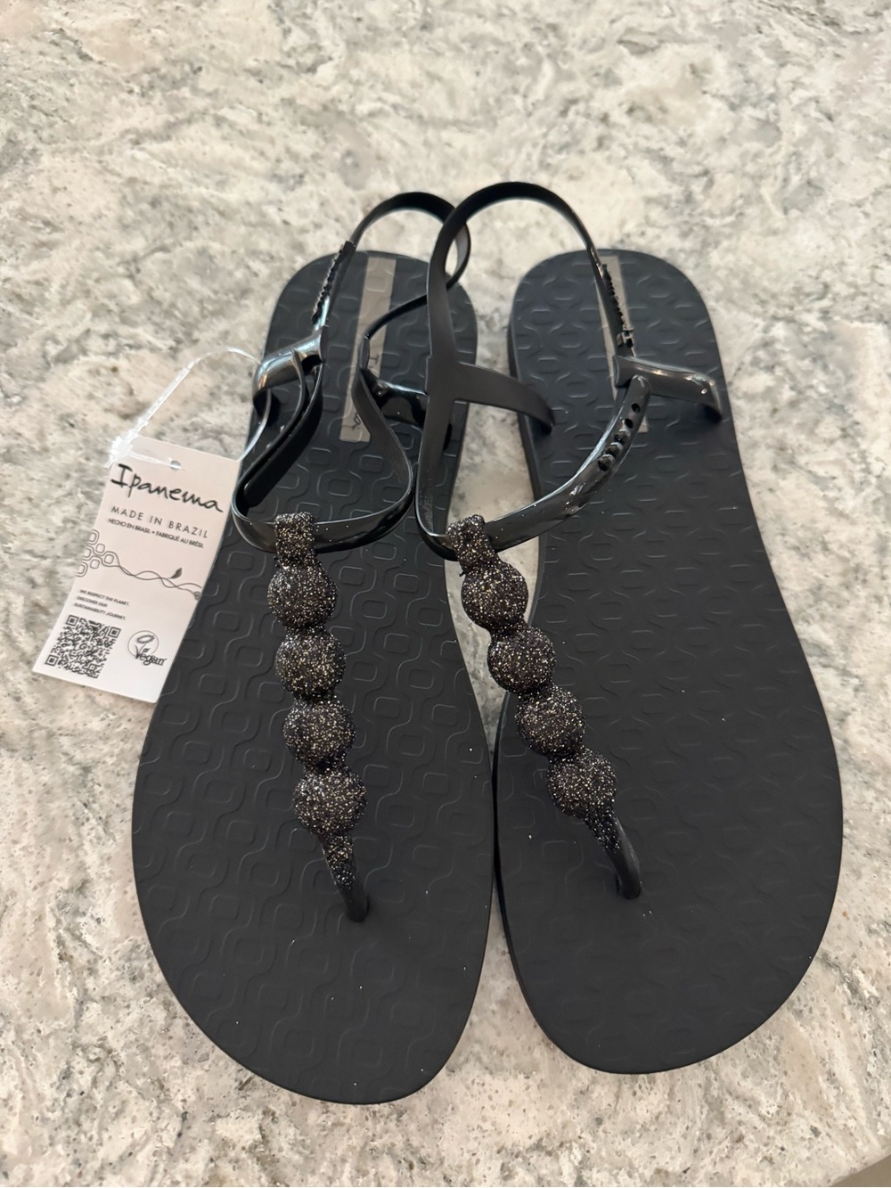 Ipanema Black Glitter Bead T-Strap Sandals